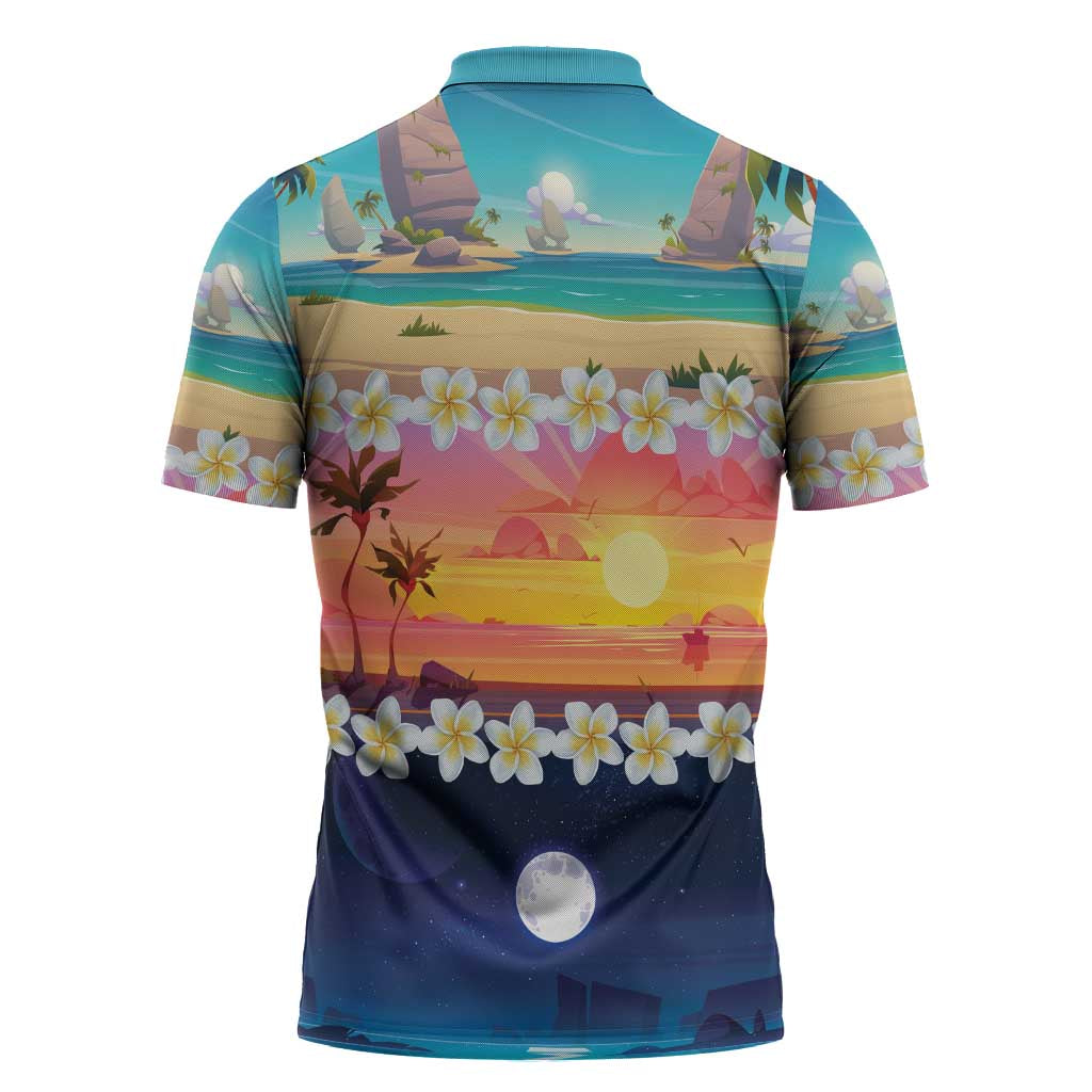Hawaii Beach Landscape Time-Lapse Zipper Polo Shirt Tropical Plumeria Flowers - Polynesian Pride