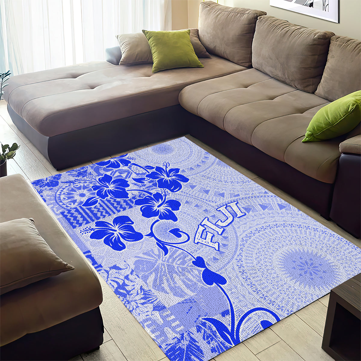 Fiji Masi With Hibiscus Tapa Tribal Area Rug Blue Pastel LT01 - Polynesian Pride