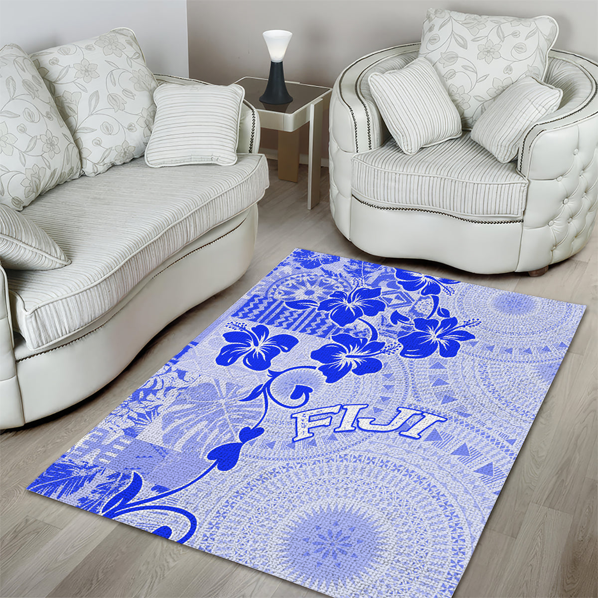 Fiji Masi With Hibiscus Tapa Tribal Area Rug Blue Pastel LT01 - Polynesian Pride