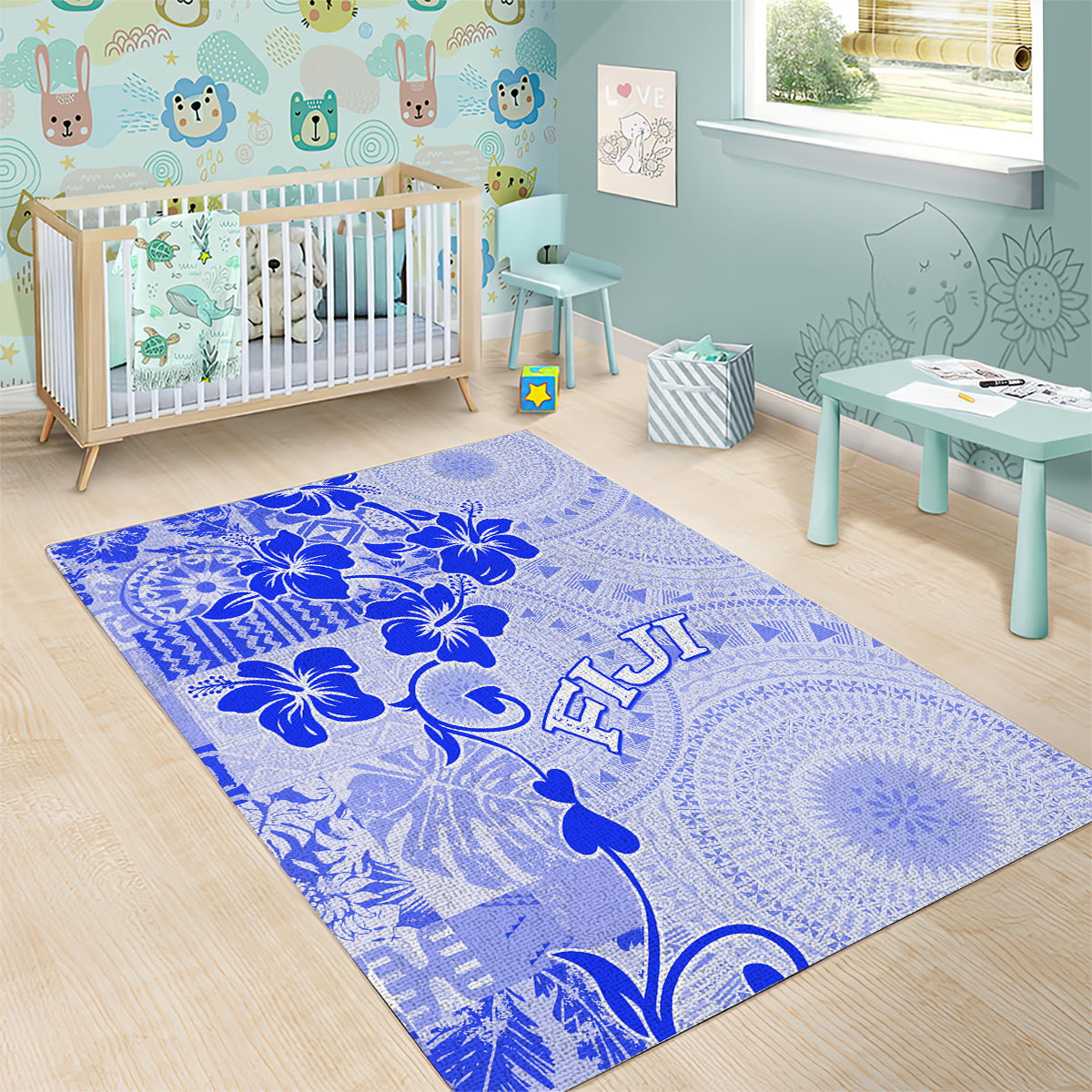 Fiji Masi With Hibiscus Tapa Tribal Area Rug Blue Pastel LT01 - Polynesian Pride