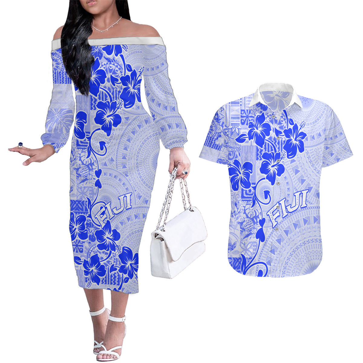 Fiji Masi With Hibiscus Tapa Tribal Couples Matching Off The Shoulder Long Sleeve Dress and Hawaiian Shirt Blue Pastel LT01 Blue - Polynesian Pride
