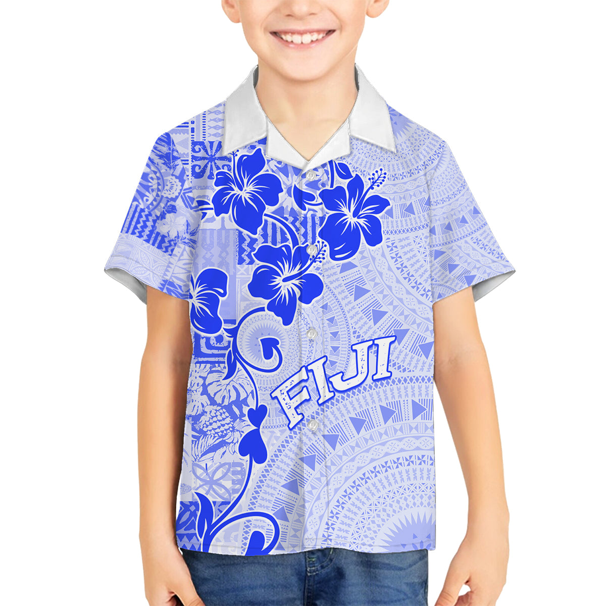 Fiji Masi With Hibiscus Tapa Tribal Family Matching Off Shoulder Short Dress and Hawaiian Shirt Blue Pastel LT01 Son's Shirt Blue - Polynesian Pride