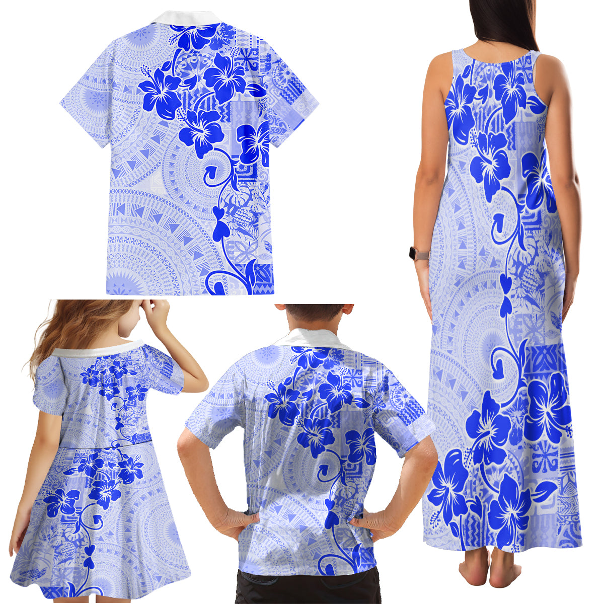 Fiji Masi With Hibiscus Tapa Tribal Family Matching Tank Maxi Dress and Hawaiian Shirt Blue Pastel LT01 - Polynesian Pride