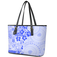 Fiji Masi With Hibiscus Tapa Tribal Leather Tote Bag Blue Pastel LT01 - Polynesian Pride