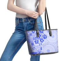 Fiji Masi With Hibiscus Tapa Tribal Leather Tote Bag Blue Pastel LT01 - Polynesian Pride