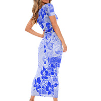 Fiji Masi With Hibiscus Tapa Tribal Short Sleeve Bodycon Dress Blue Pastel LT01 - Polynesian Pride