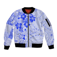 Fiji Masi With Hibiscus Tapa Tribal Sleeve Zip Bomber Jacket Blue Pastel LT01 Unisex Blue - Polynesian Pride