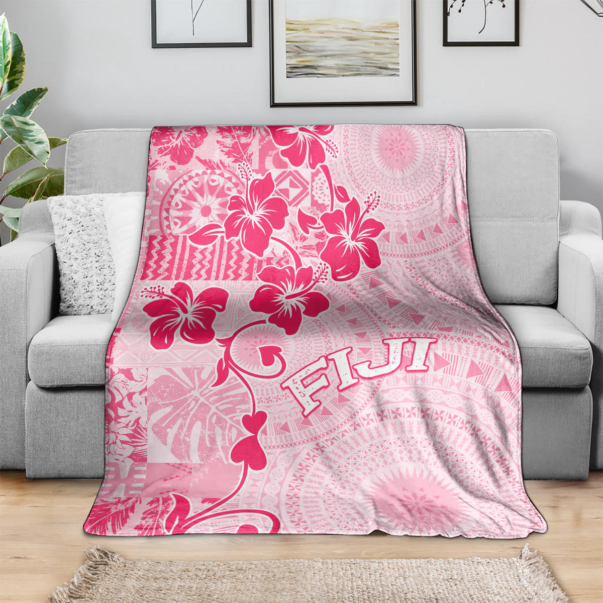 Fiji Masi With Hibiscus Tapa Tribal Blanket Pink Pastel LT01 - Polynesian Pride
