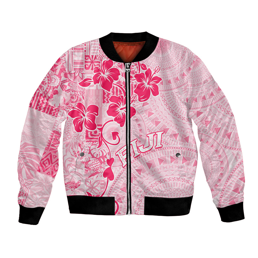 Fiji Masi With Hibiscus Tapa Tribal Bomber Jacket Pink Pastel LT01 Unisex Pink - Polynesian Pride