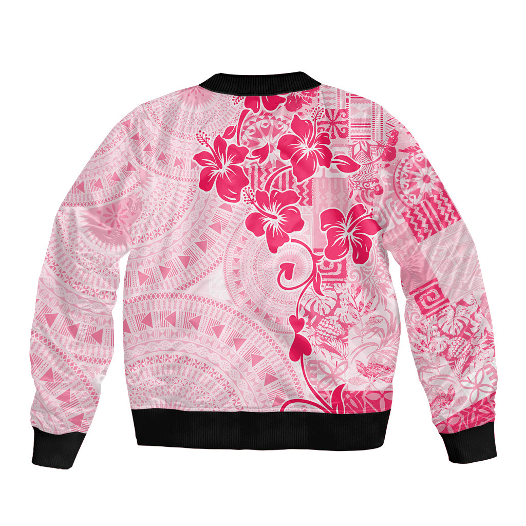 Fiji Masi With Hibiscus Tapa Tribal Bomber Jacket Pink Pastel LT01 - Polynesian Pride