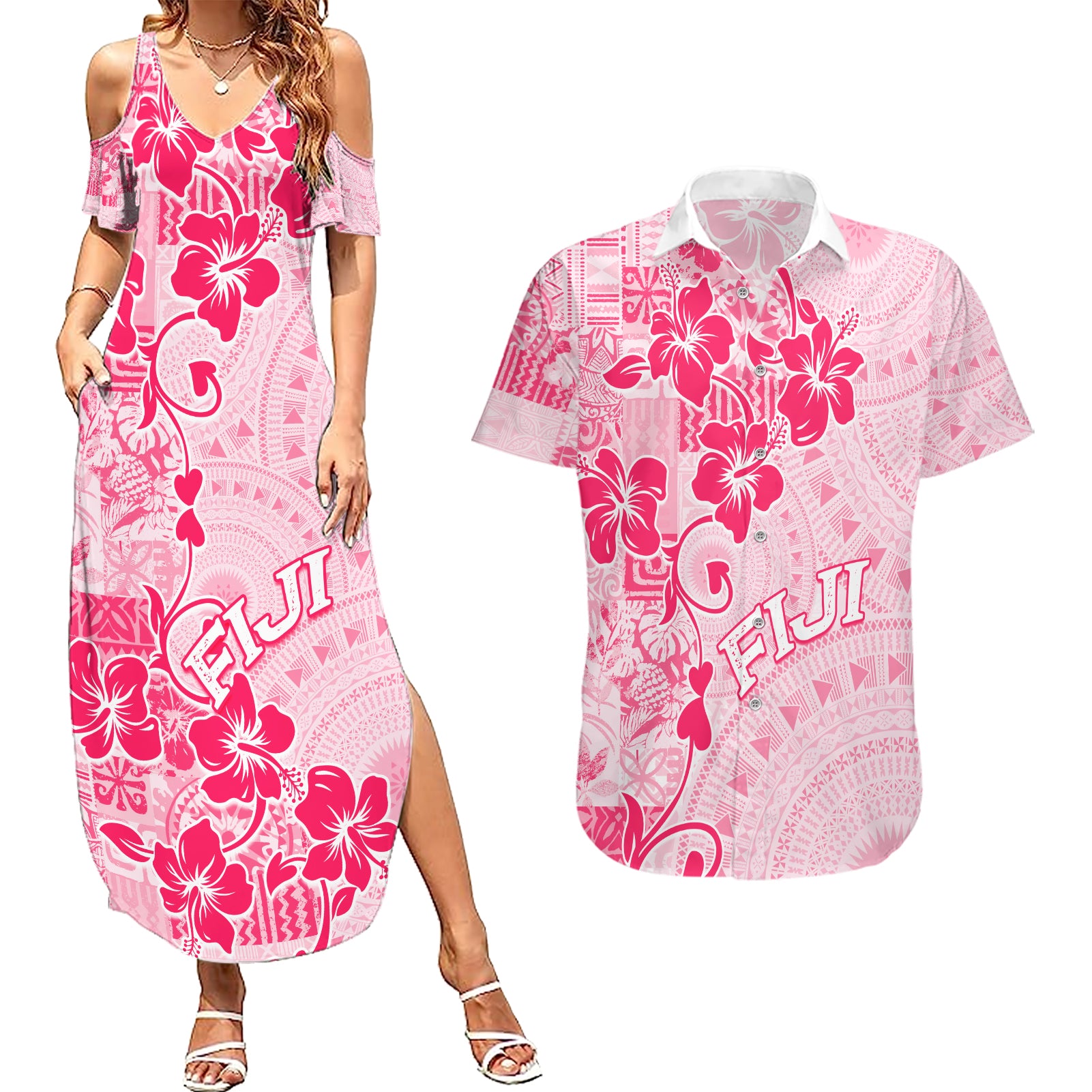 Fiji Masi With Hibiscus Tapa Tribal Couples Matching Summer Maxi Dress and Hawaiian Shirt Pink Pastel LT01 Pink - Polynesian Pride