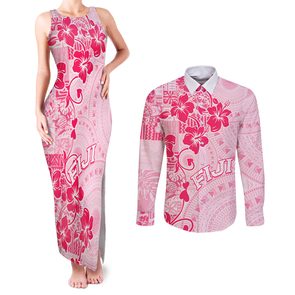 Fiji Masi With Hibiscus Tapa Tribal Couples Matching Tank Maxi Dress and Long Sleeve Button Shirt Pink Pastel LT01 Pink - Polynesian Pride