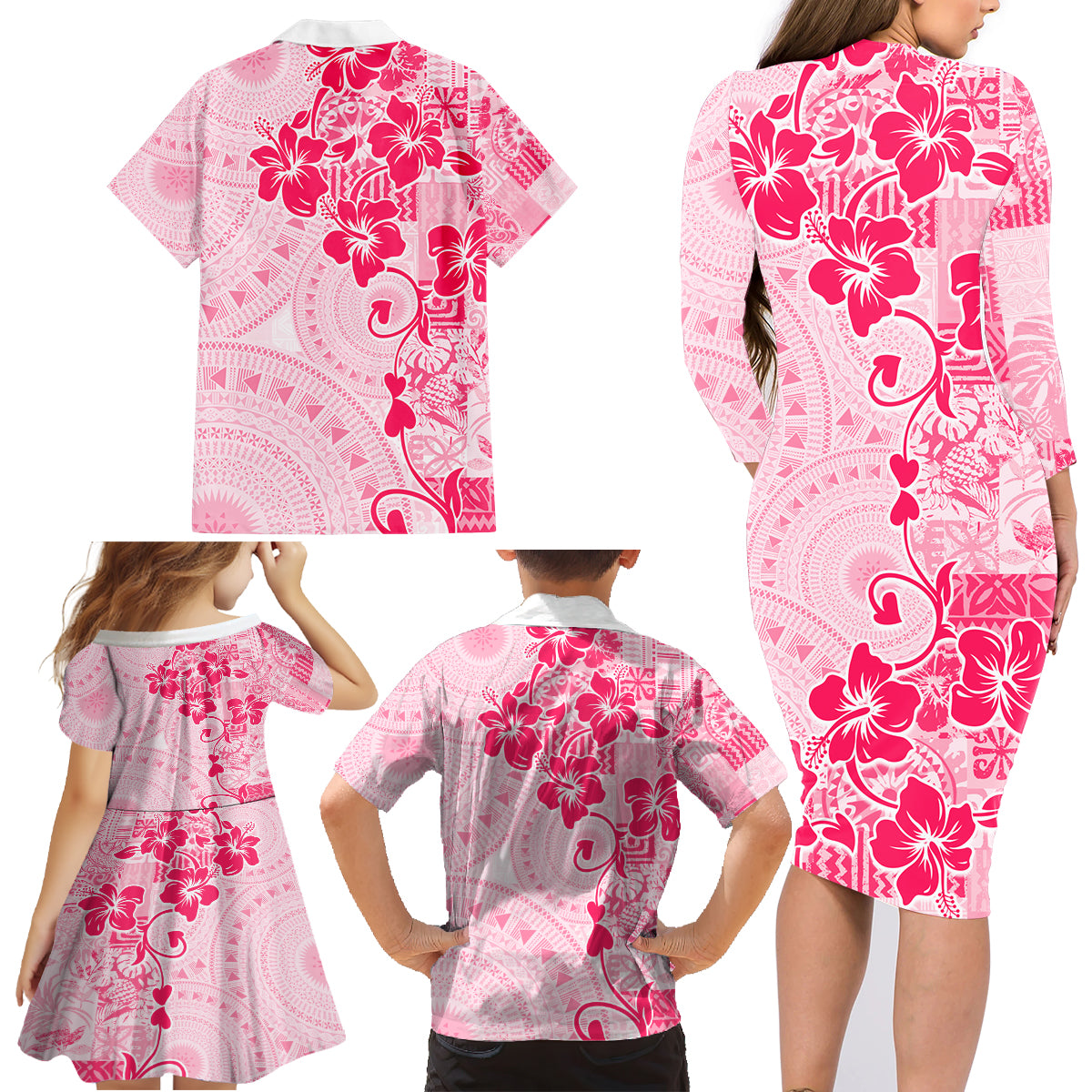 Fiji Masi With Hibiscus Tapa Tribal Family Matching Long Sleeve Bodycon Dress and Hawaiian Shirt Pink Pastel LT01 - Polynesian Pride