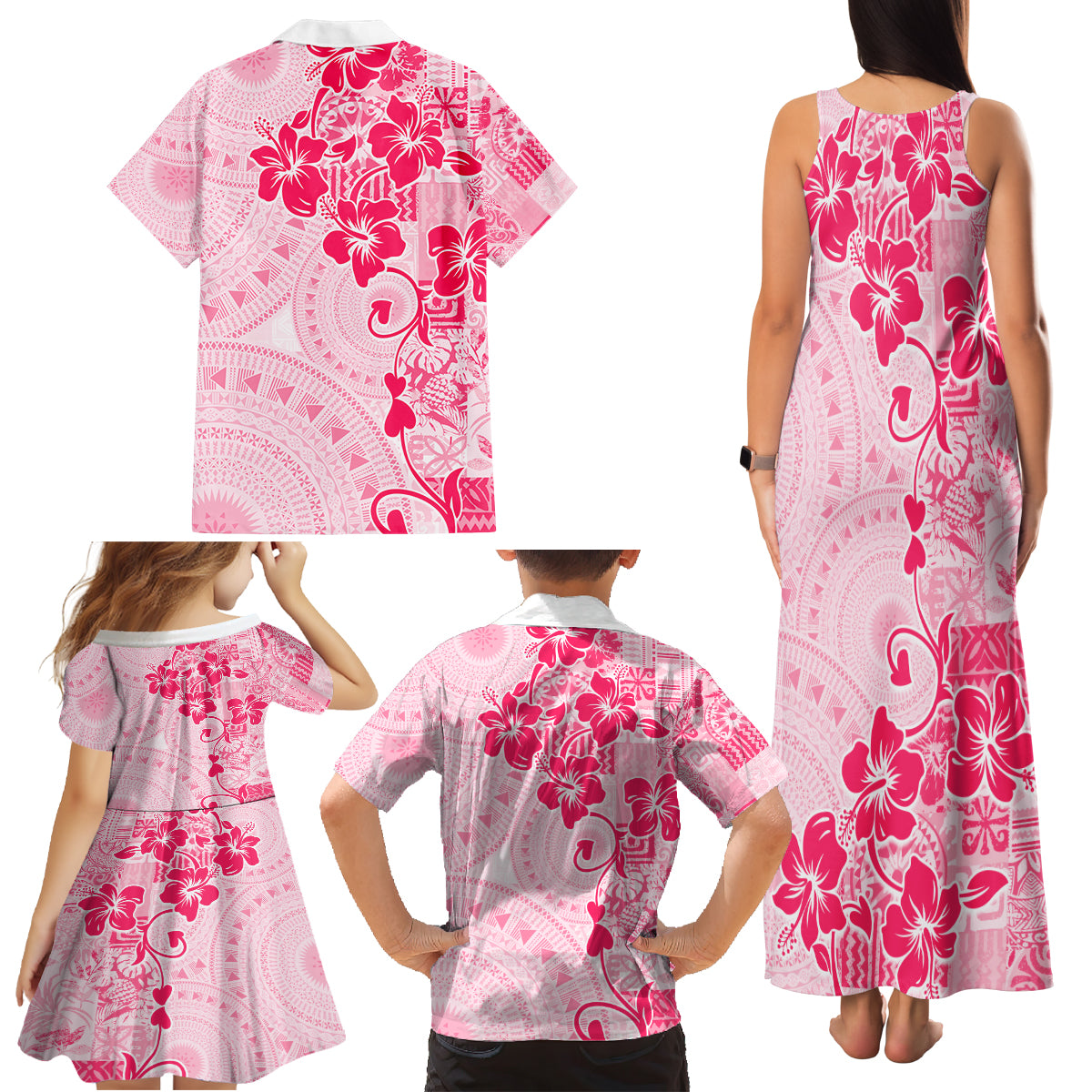 Fiji Masi With Hibiscus Tapa Tribal Family Matching Tank Maxi Dress and Hawaiian Shirt Pink Pastel LT01 - Polynesian Pride