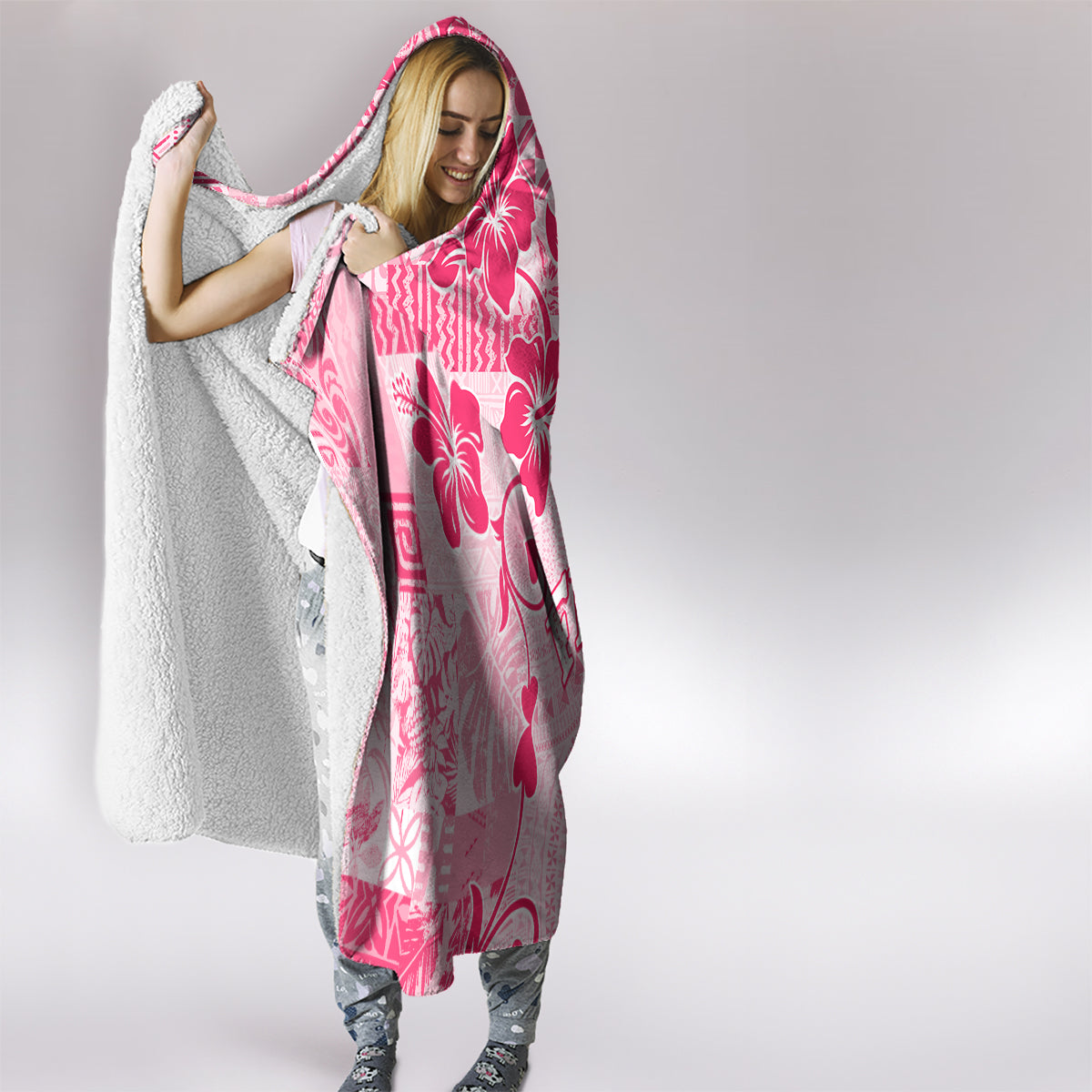 Fiji Masi With Hibiscus Tapa Tribal Hooded Blanket Pink Pastel LT01 - Polynesian Pride