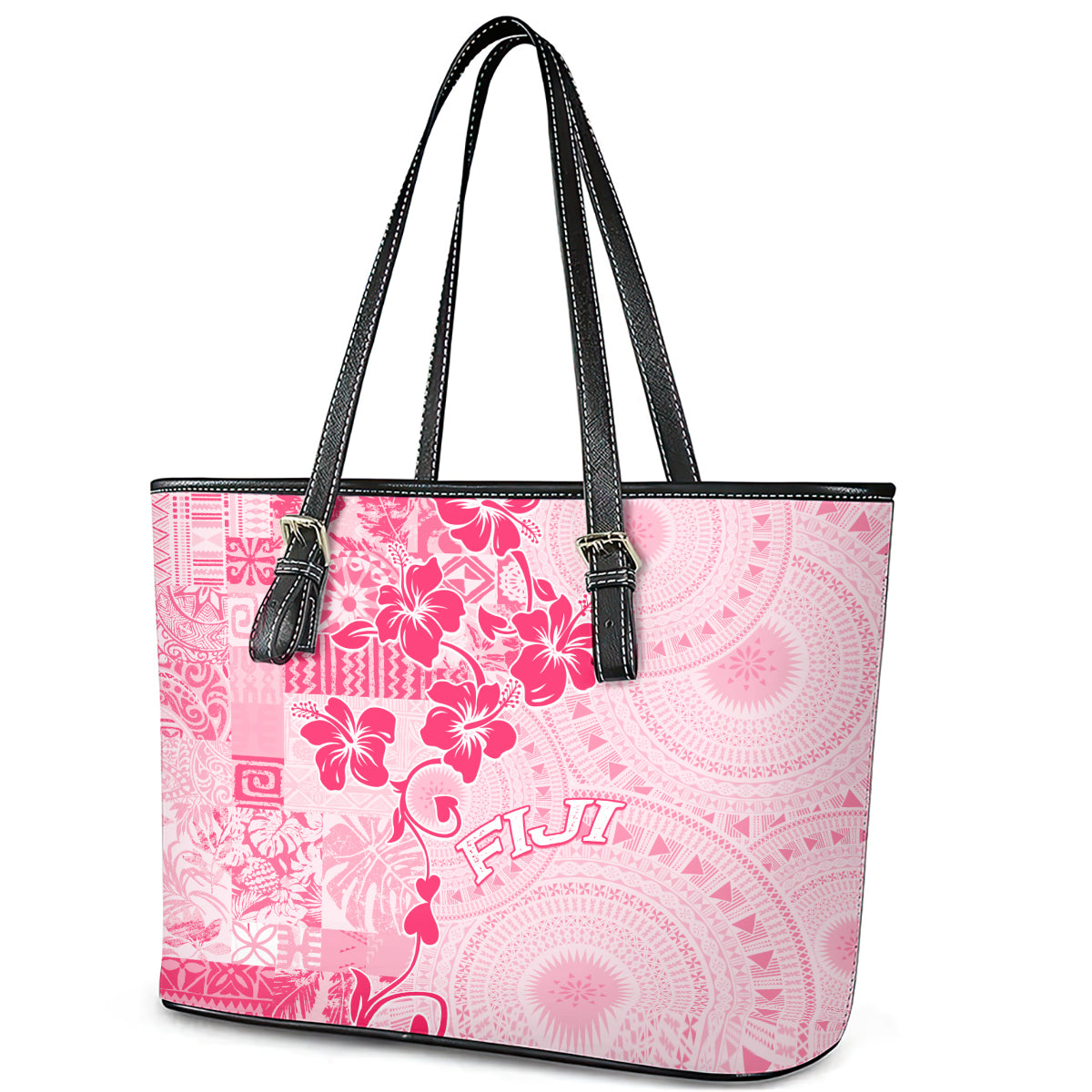 Fiji Masi With Hibiscus Tapa Tribal Leather Tote Bag Pink Pastel LT01 - Polynesian Pride