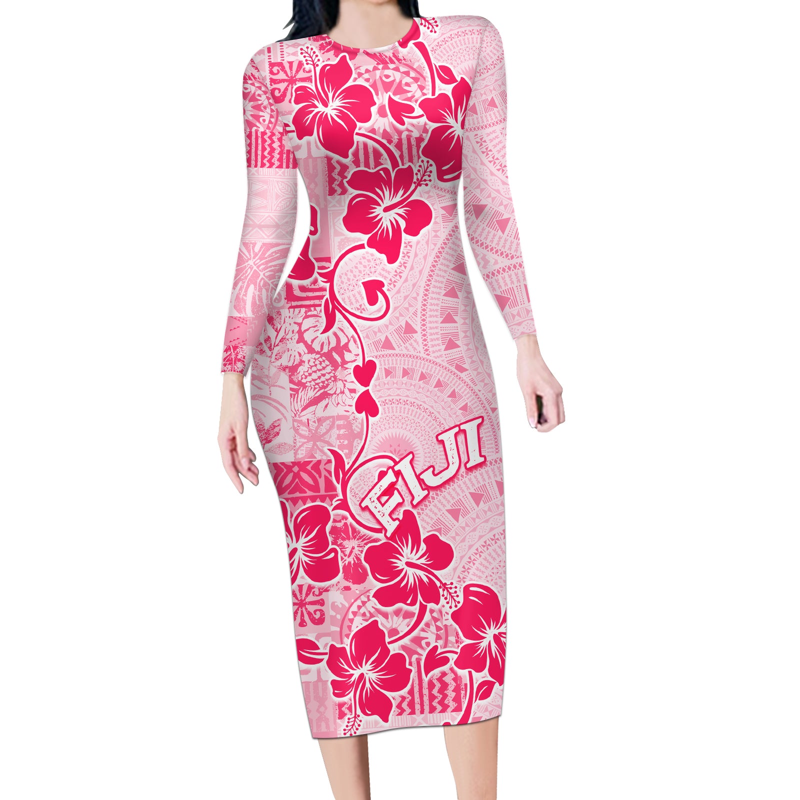 Fiji Masi With Hibiscus Tapa Tribal Long Sleeve Bodycon Dress Pink Pastel LT01 Long Dress Pink - Polynesian Pride