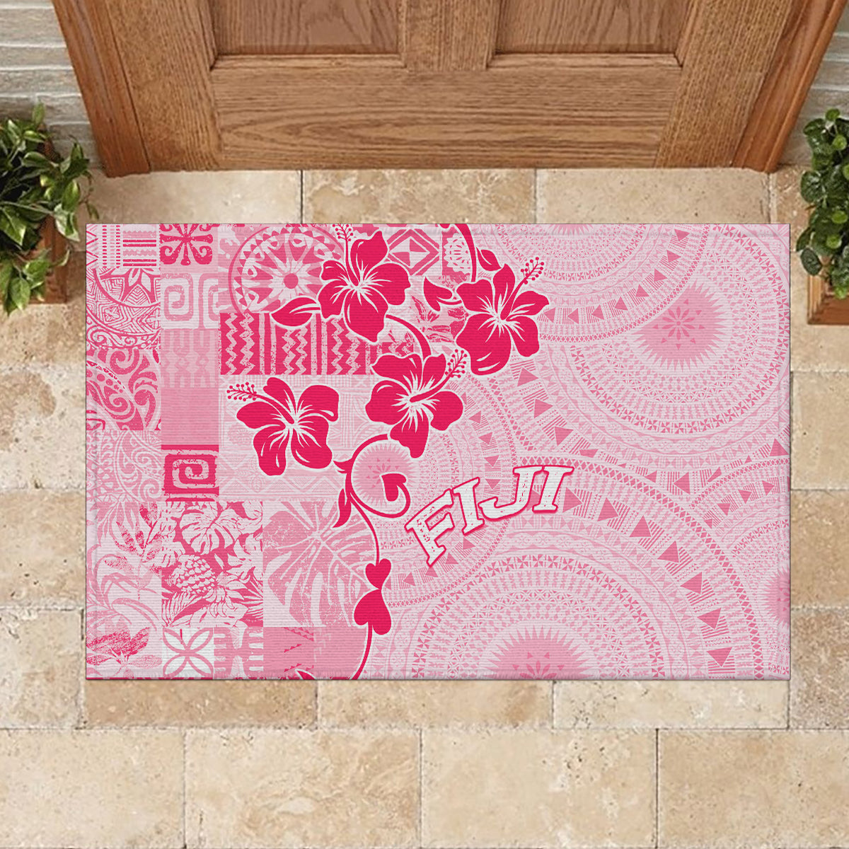 Fiji Masi With Hibiscus Tapa Tribal Rubber Doormat Pink Pastel LT01 - Polynesian Pride