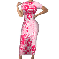 Fiji Masi With Hibiscus Tapa Tribal Short Sleeve Bodycon Dress Pink Pastel LT01 Long Dress Pink - Polynesian Pride