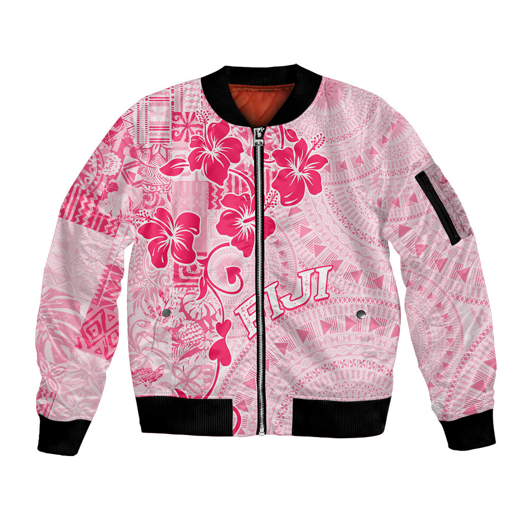 Fiji Masi With Hibiscus Tapa Tribal Sleeve Zip Bomber Jacket Pink Pastel LT01 Unisex Pink - Polynesian Pride