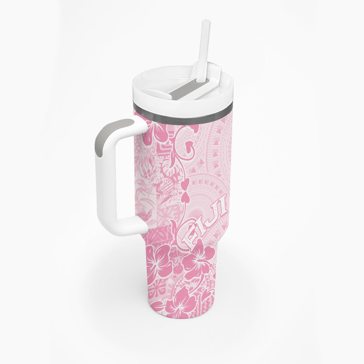 Fiji Masi With Hibiscus Tapa Tribal Tumbler With Handle Pink Pastel