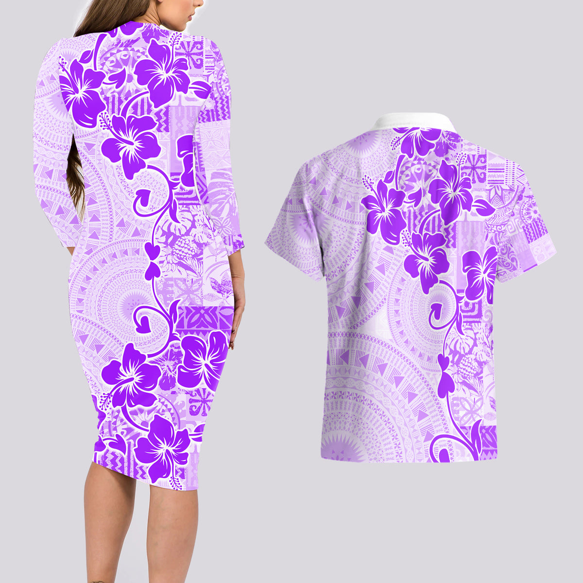 Fiji Masi With Hibiscus Tapa Tribal Couples Matching Long Sleeve Bodycon Dress and Hawaiian Shirt Purple Pastel LT01 - Polynesian Pride