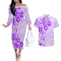 Fiji Masi With Hibiscus Tapa Tribal Couples Matching Off The Shoulder Long Sleeve Dress and Hawaiian Shirt Purple Pastel LT01 Purple - Polynesian Pride