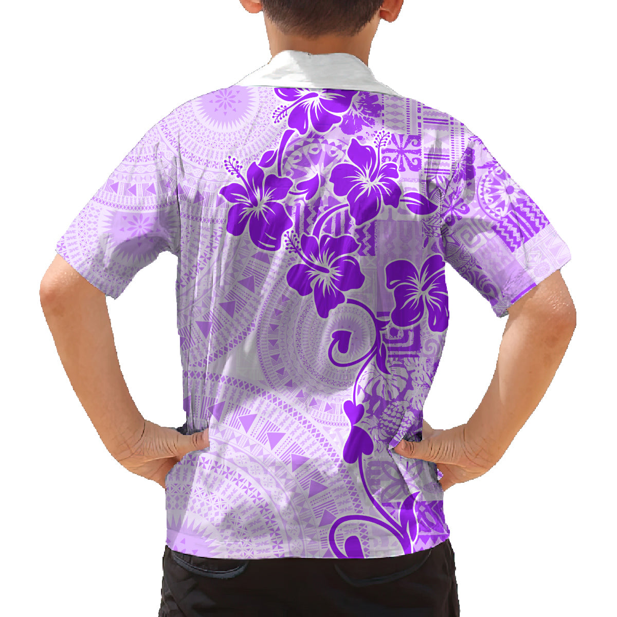 Fiji Masi With Hibiscus Tapa Tribal Family Matching Off Shoulder Short Dress and Hawaiian Shirt Purple Pastel LT01 - Polynesian Pride