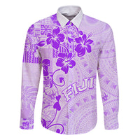 Fiji Masi With Hibiscus Tapa Tribal Family Matching Off Shoulder Short Dress and Hawaiian Shirt Purple Pastel LT01 Dad's Shirt - Long Sleeve Purple - Polynesian Pride