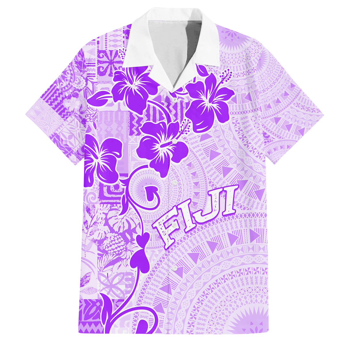 Fiji Masi With Hibiscus Tapa Tribal Family Matching Tank Maxi Dress and Hawaiian Shirt Purple Pastel LT01 Dad's Shirt - Short Sleeve Purple - Polynesian Pride