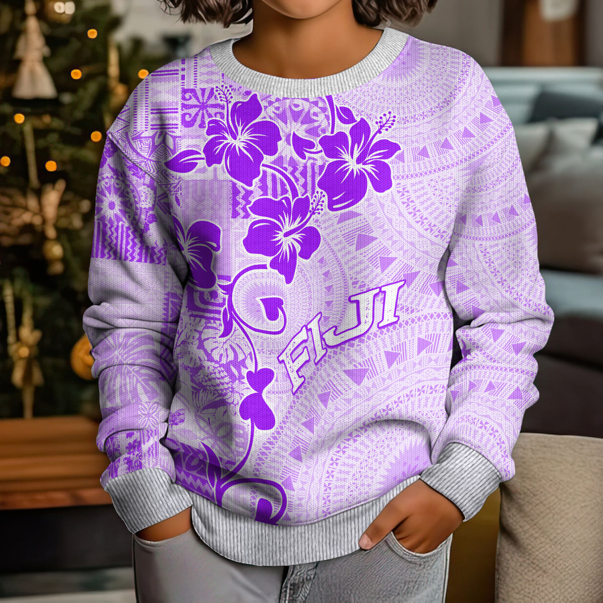 Fiji Masi With Hibiscus Tapa Tribal Kid Ugly Christmas Sweater Purple Pastel LT01 - Polynesian Pride