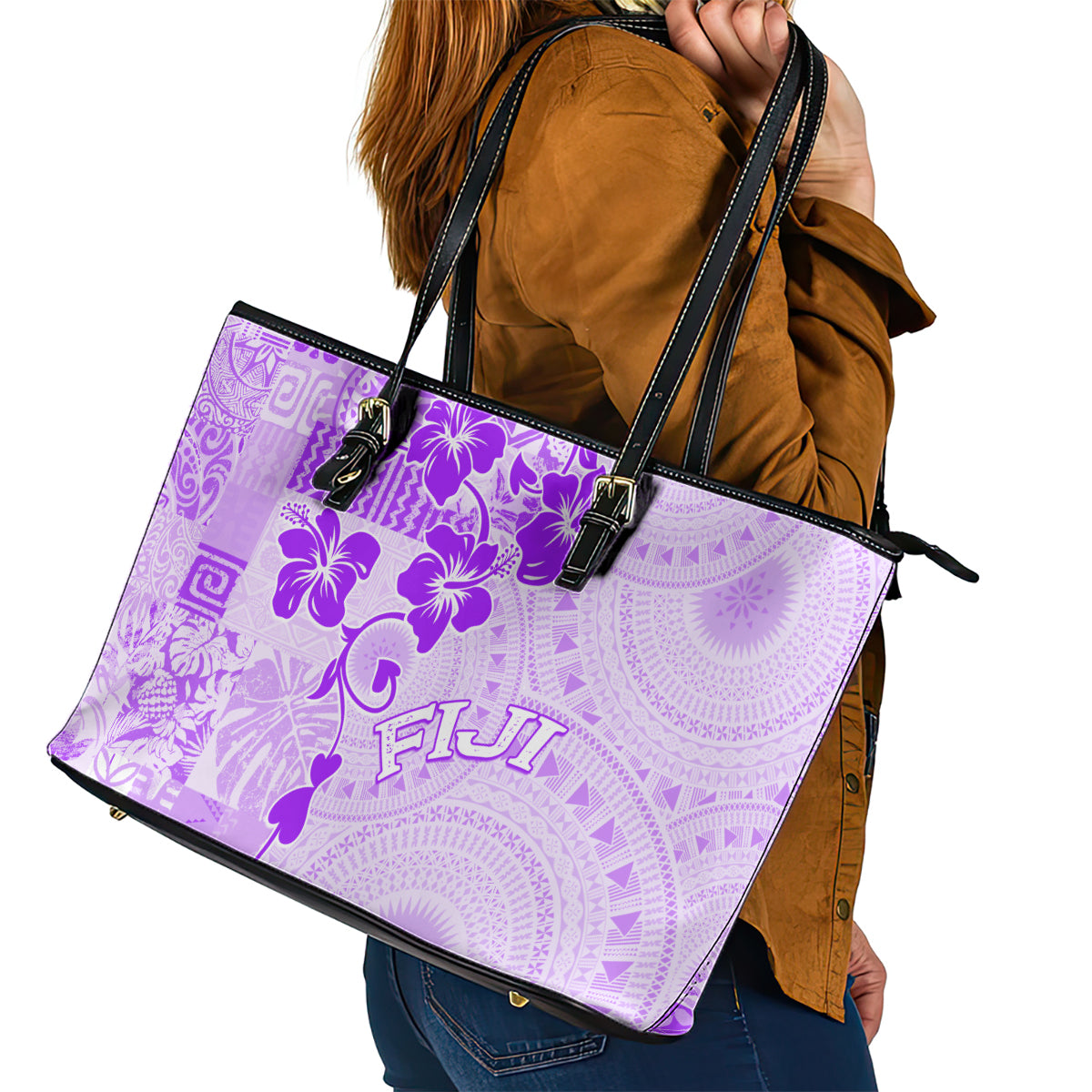 Fiji Masi With Hibiscus Tapa Tribal Leather Tote Bag Purple Pastel LT01 - Polynesian Pride