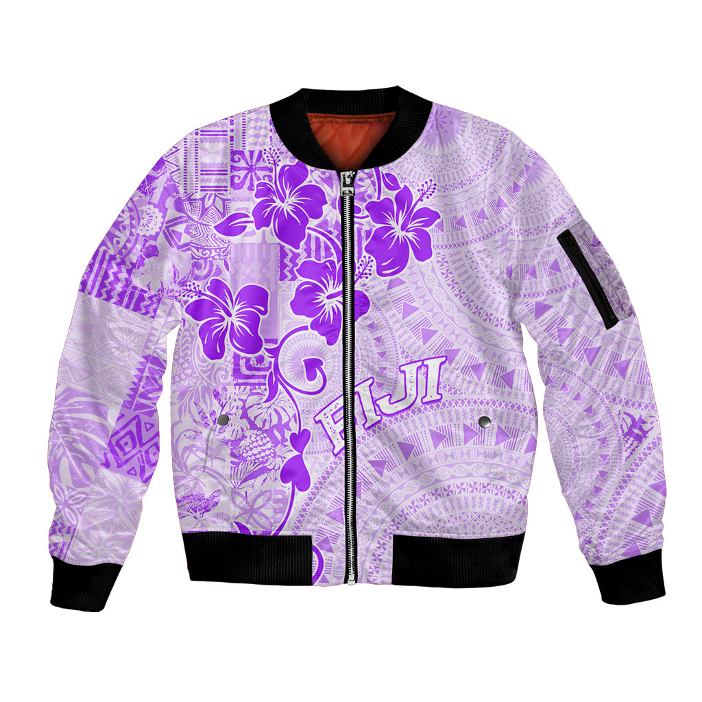 Fiji Masi With Hibiscus Tapa Tribal Sleeve Zip Bomber Jacket Purple Pastel LT01 Unisex Purple - Polynesian Pride