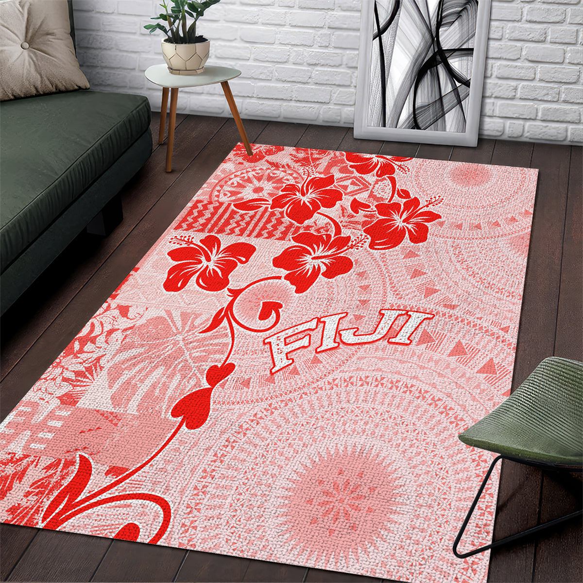 Fiji Masi With Hibiscus Tapa Tribal Area Rug Red Pastel LT01 Red - Polynesian Pride