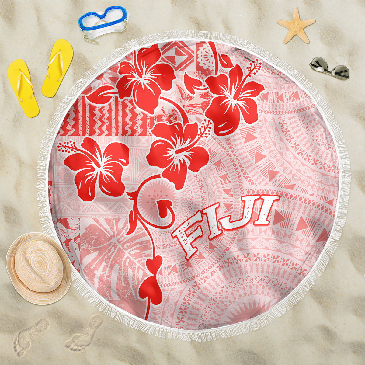 Fiji Masi With Hibiscus Tapa Tribal Beach Blanket Red Pastel LT01 One Size 150cm Red - Polynesian Pride