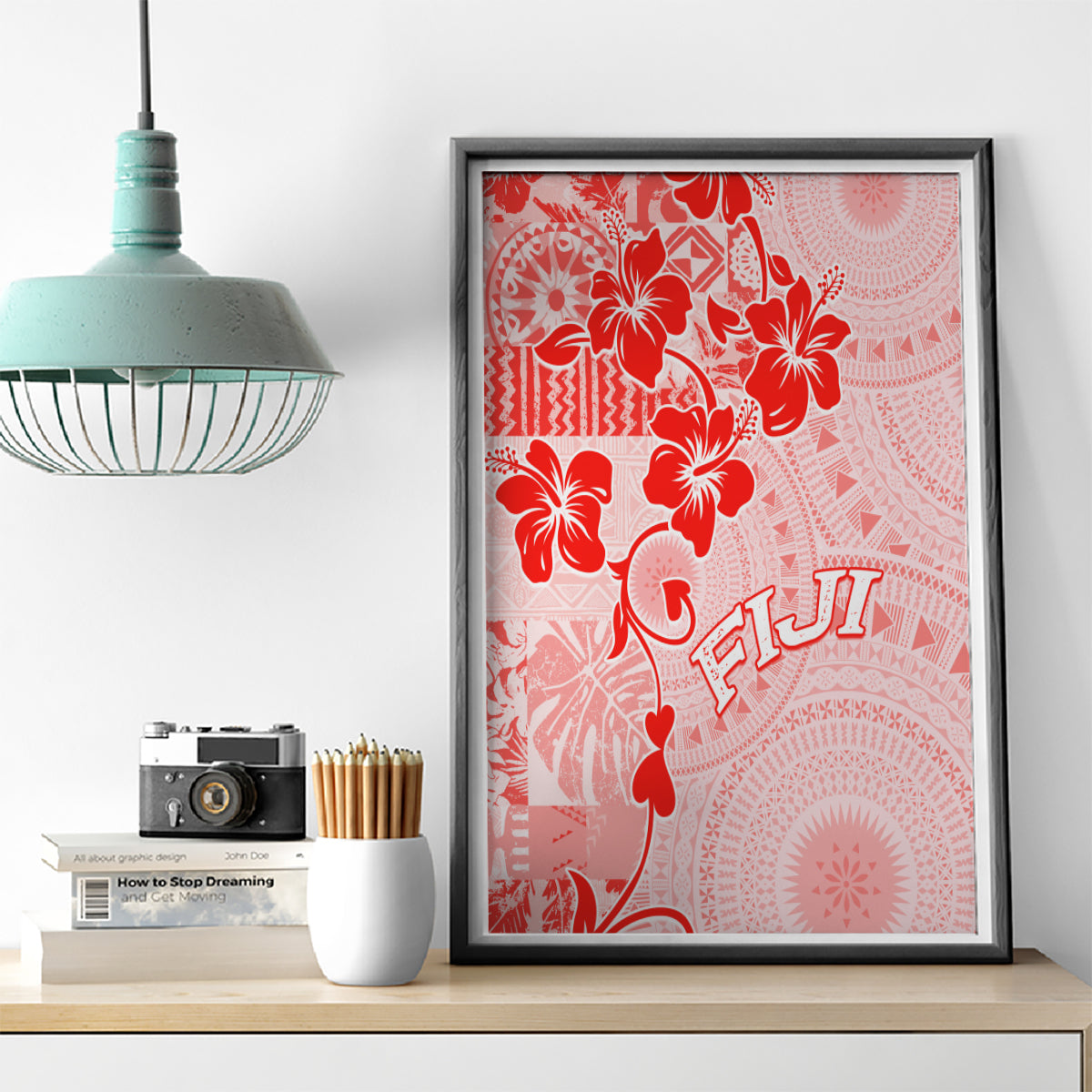 Fiji Masi With Hibiscus Tapa Tribal Canvas Wall Art Red Pastel LT01 - Polynesian Pride