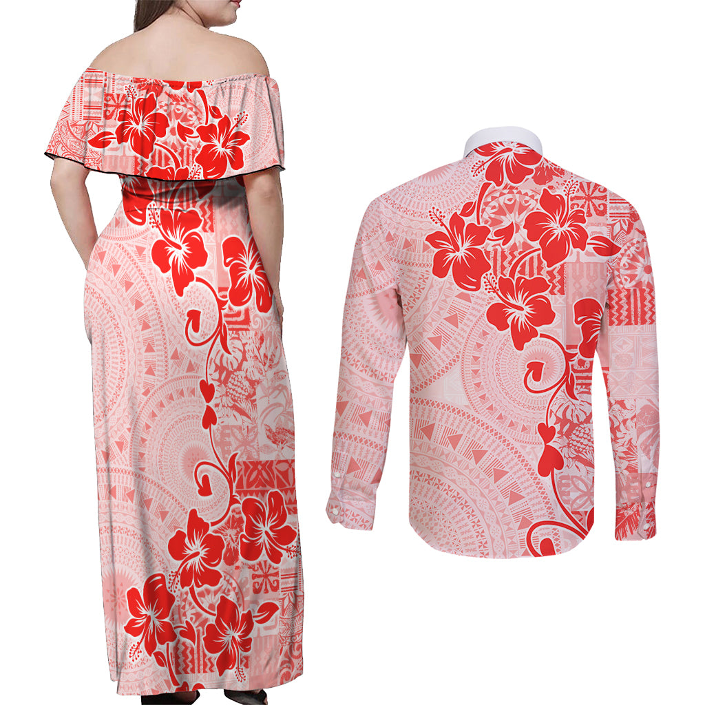 Fiji Masi With Hibiscus Tapa Tribal Couples Matching Off Shoulder Maxi Dress and Long Sleeve Button Shirt Red Pastel LT01 - Polynesian Pride