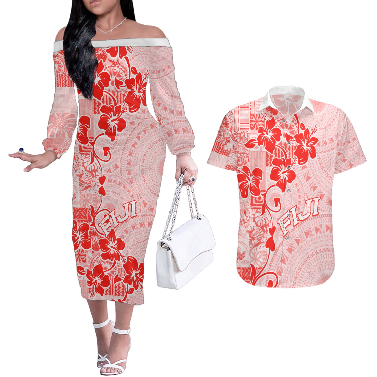 Fiji Masi With Hibiscus Tapa Tribal Couples Matching Off The Shoulder Long Sleeve Dress and Hawaiian Shirt Red Pastel LT01 Red - Polynesian Pride