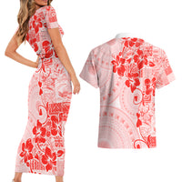 Fiji Masi With Hibiscus Tapa Tribal Couples Matching Short Sleeve Bodycon Dress and Hawaiian Shirt Red Pastel LT01 - Polynesian Pride