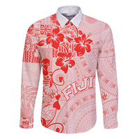Fiji Masi With Hibiscus Tapa Tribal Family Matching Off Shoulder Long Sleeve Dress and Hawaiian Shirt Red Pastel LT01 Dad's Shirt - Long Sleeve Red - Polynesian Pride