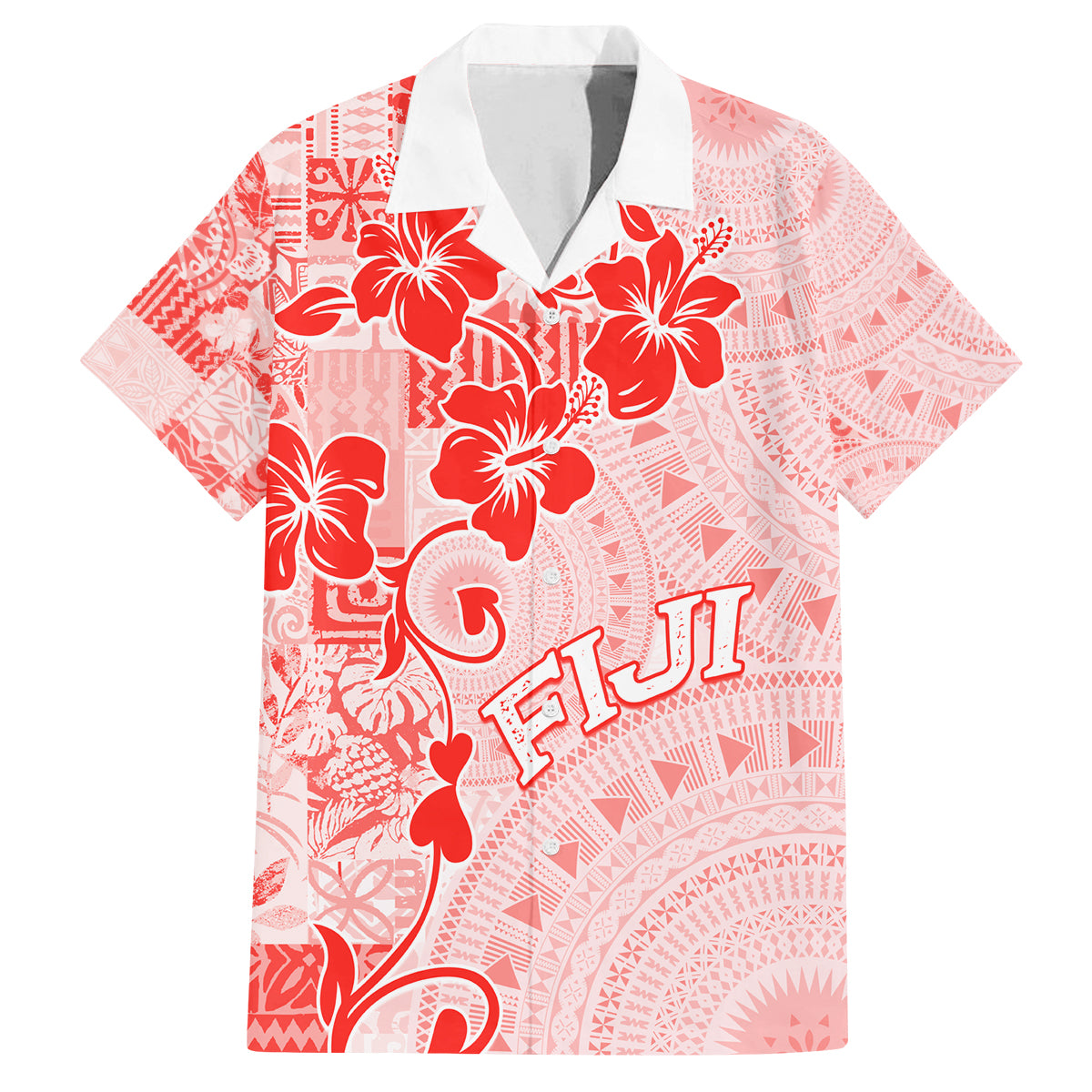 Fiji Masi With Hibiscus Tapa Tribal Family Matching Off Shoulder Maxi Dress and Hawaiian Shirt Red Pastel LT01 Dad's Shirt - Short Sleeve Red - Polynesian Pride