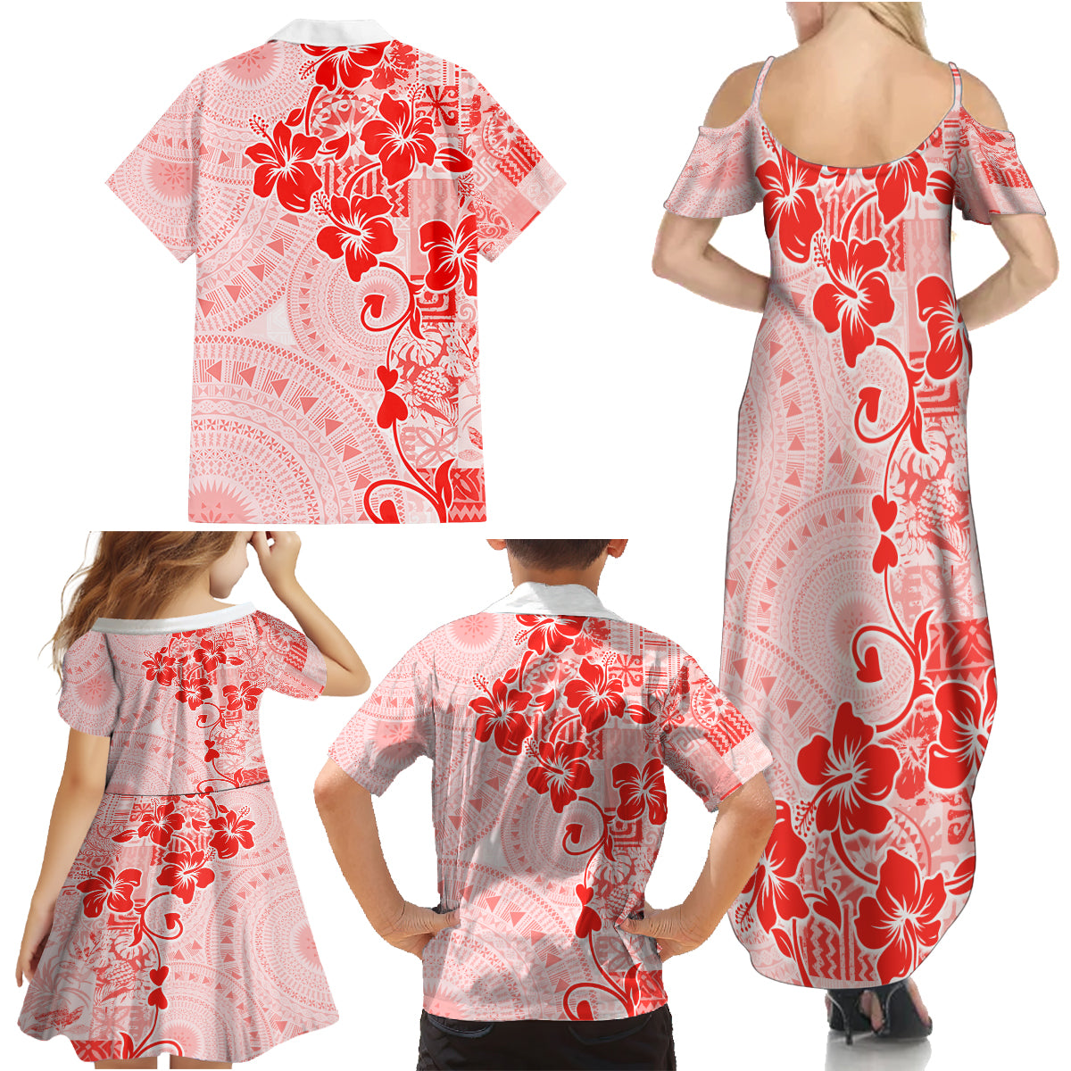 Fiji Masi With Hibiscus Tapa Tribal Family Matching Summer Maxi Dress and Hawaiian Shirt Red Pastel LT01 - Polynesian Pride