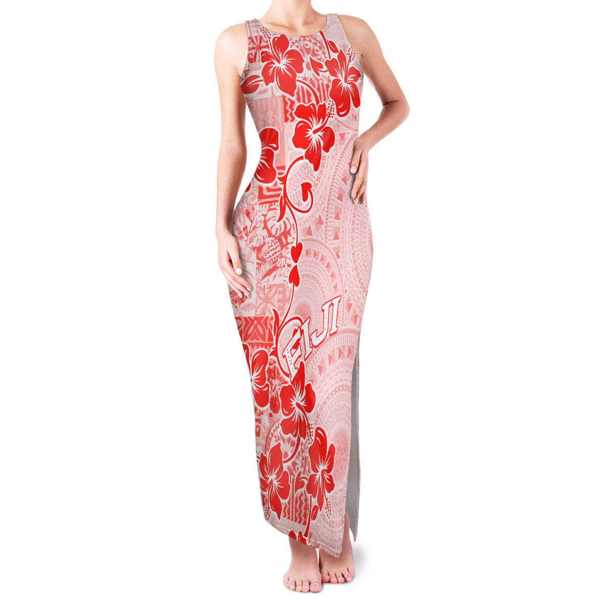 Fiji Masi With Hibiscus Tapa Tribal Family Matching Tank Maxi Dress and Hawaiian Shirt Red Pastel LT01 Mom's Dress Red - Polynesian Pride