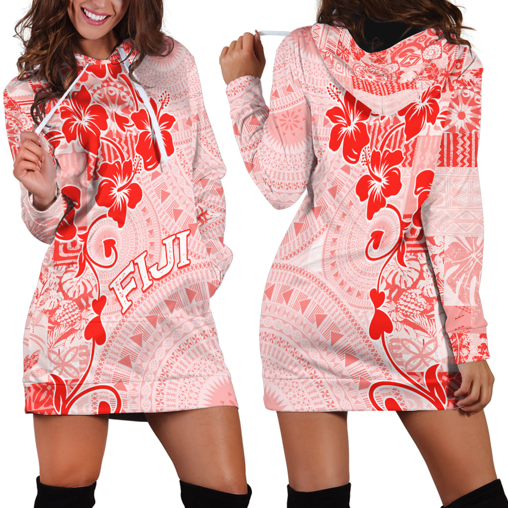 Fiji Masi With Hibiscus Tapa Tribal Hoodie Dress Red Pastel LT01 - Polynesian Pride