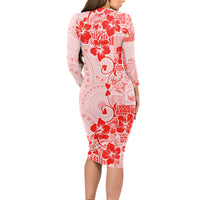Fiji Masi With Hibiscus Tapa Tribal Long Sleeve Bodycon Dress Red Pastel LT01 - Polynesian Pride