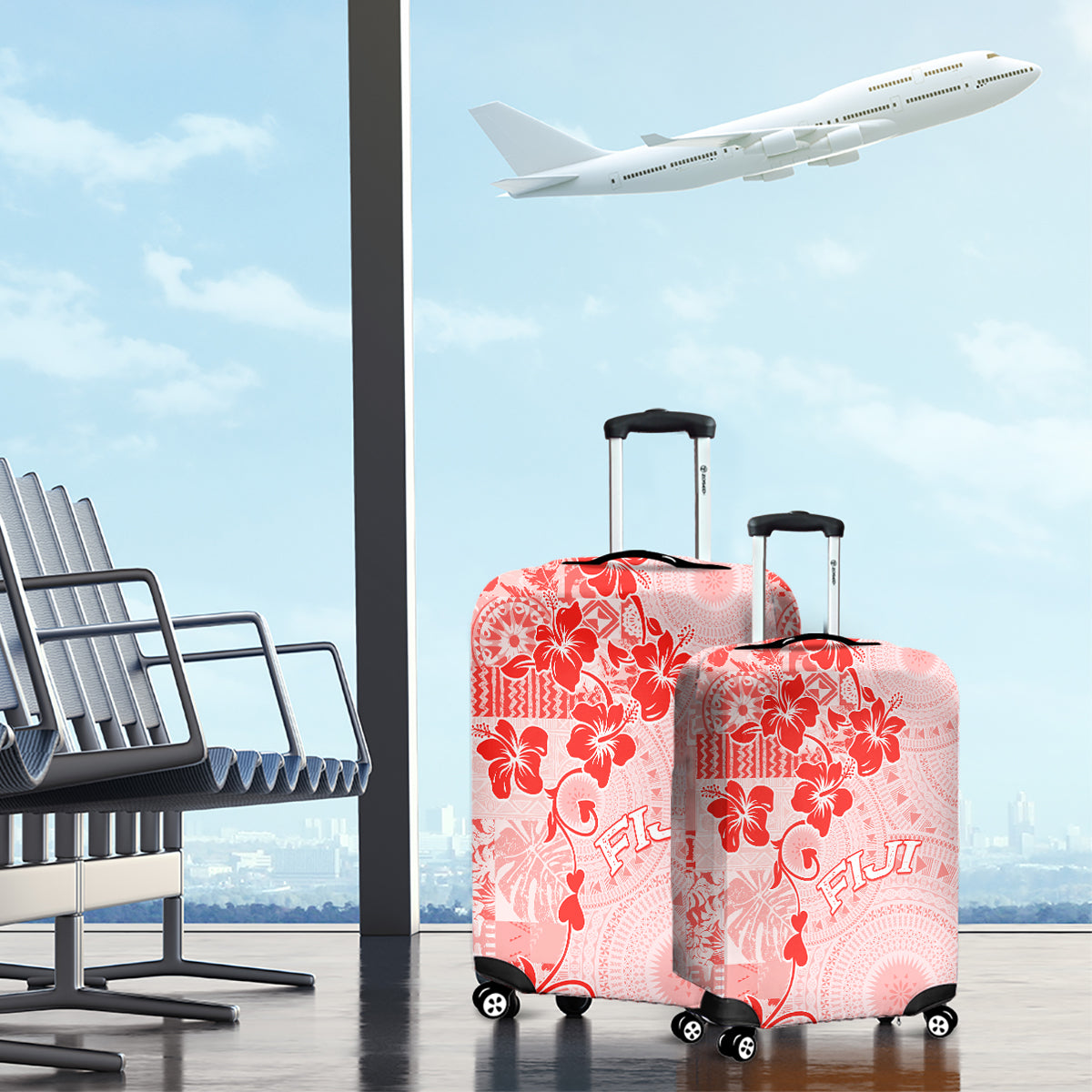 Fiji Masi With Hibiscus Tapa Tribal Luggage Cover Red Pastel LT01 - Polynesian Pride