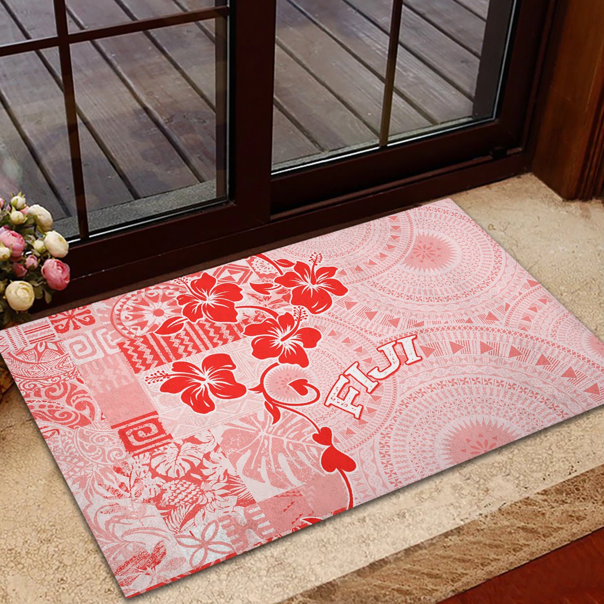 Fiji Masi With Hibiscus Tapa Tribal Rubber Doormat Red Pastel LT01 - Polynesian Pride