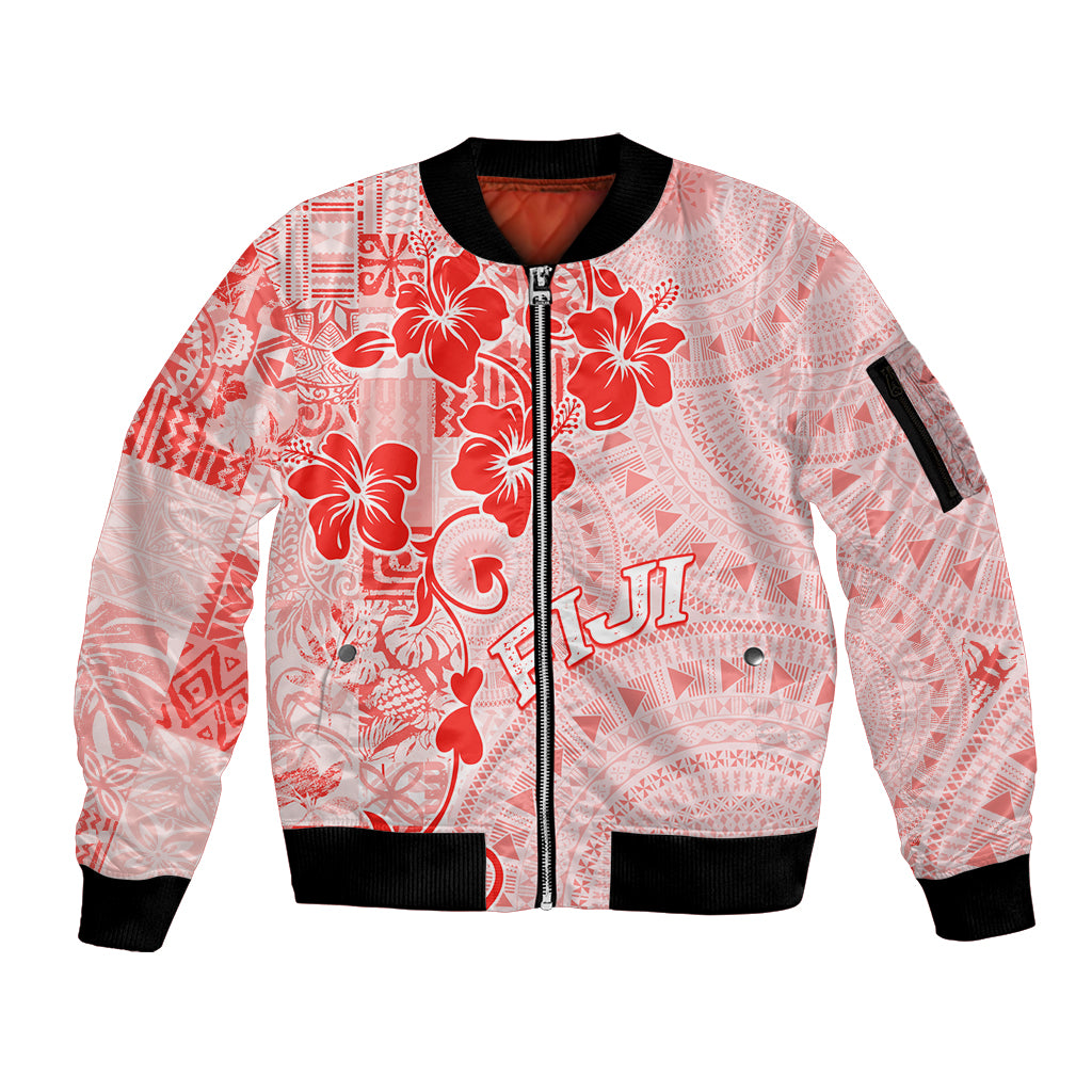Fiji Masi With Hibiscus Tapa Tribal Sleeve Zip Bomber Jacket Red Pastel LT01 Unisex Red - Polynesian Pride