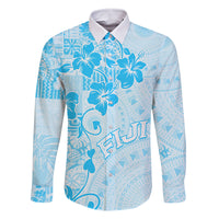Fiji Masi With Hibiscus Tapa Tribal Family Matching Long Sleeve Bodycon Dress and Hawaiian Shirt Sky Blue Pastel LT01 Dad's Shirt - Long Sleeve Blue - Polynesian Pride