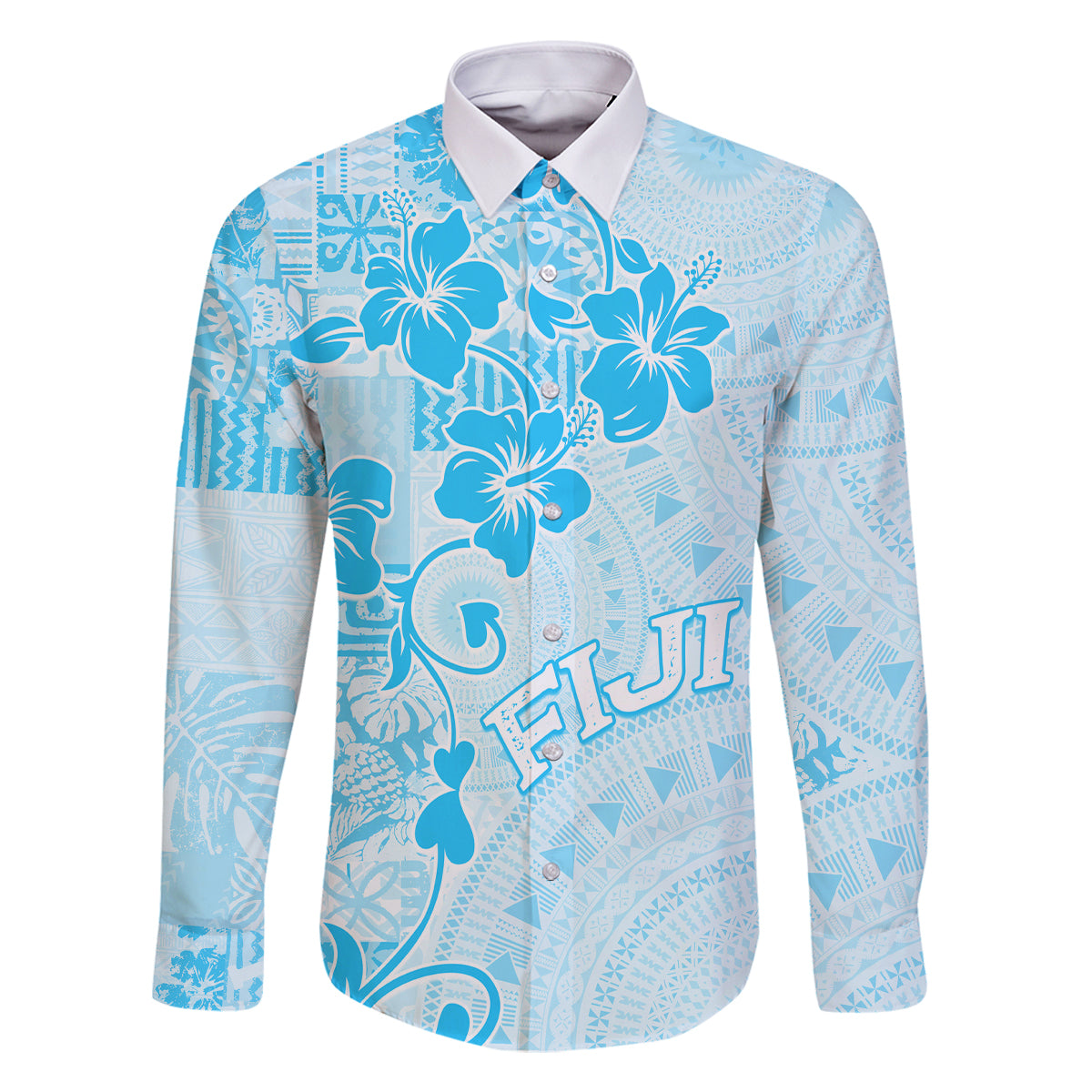 Fiji Masi With Hibiscus Tapa Tribal Family Matching Mermaid Dress and Hawaiian Shirt Sky Blue Pastel LT01 Dad's Shirt - Long Sleeve Blue - Polynesian Pride